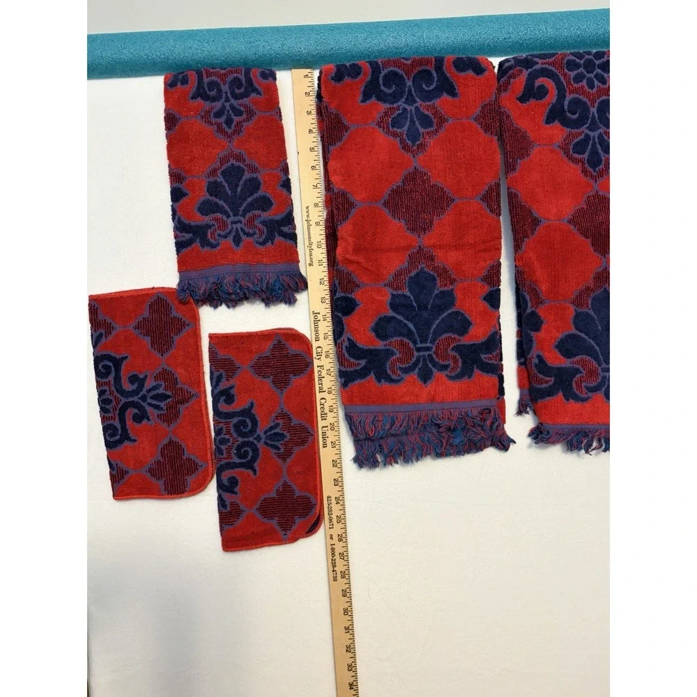 Fashion Manor 5pc Vtg Bath Towel/Washcloth/HandTowel Set/BlueRed/60s-70's/Fringe
